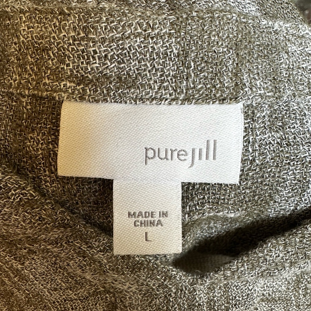 J Jill/Pure Jill olive green/cream textured linen split neck kimono top. Sz L - Picture 7 of 8